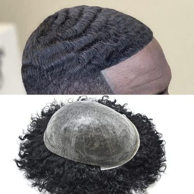 F M FACE MIRACLE NEW YORK Afro Toupee for Black Men Full Poly Skin PU Injection Curly Wave African American Human Hair Men Replacement System (8"*10", 1# Jet Black-14MM Wave)