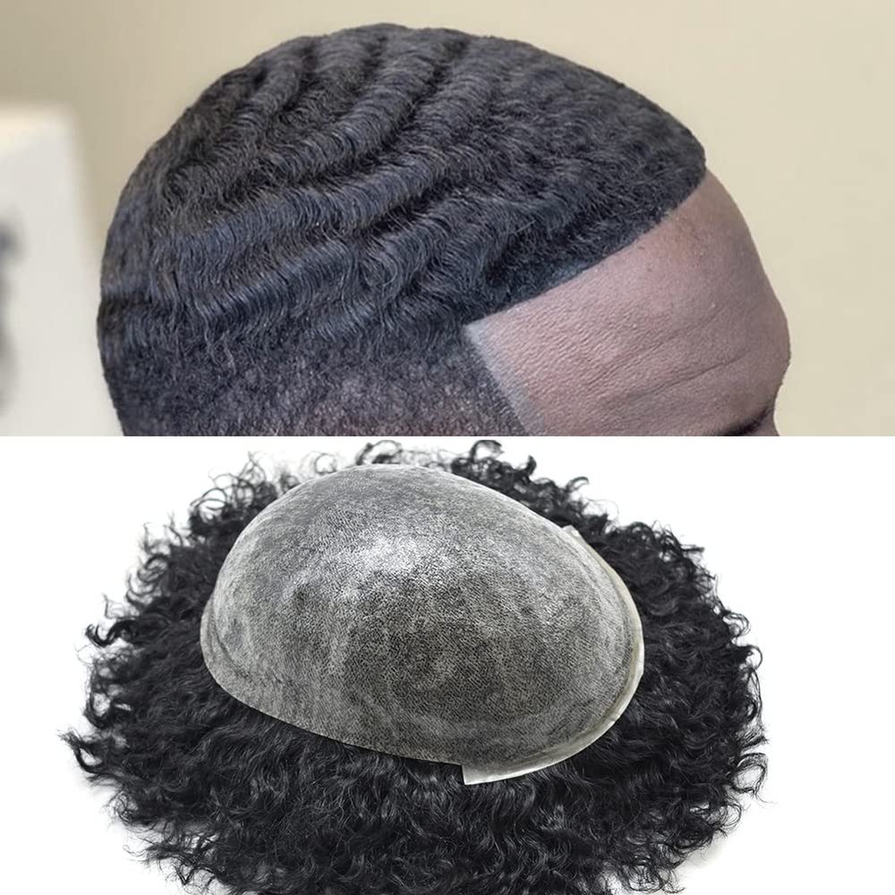 F M FACE MIRACLE NEW YORK Afro Toupee for Black Men Full Poly Skin PU Injection Curly Wave African American Human Hair Men Replacement System (8"*10", 1# Jet Black-14MM Wave)