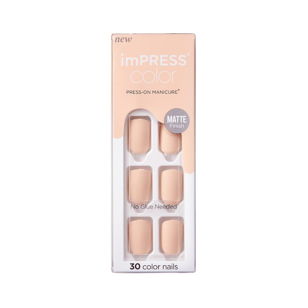 imPRESS KISS Color Press-On Manicure Fake Nails, Perfect Timing - Short Length, Matte, Polish-Free Solid Color Mani, Includes Prep Pad, Mini File, Manicure Stick, and 30 Fake Nails