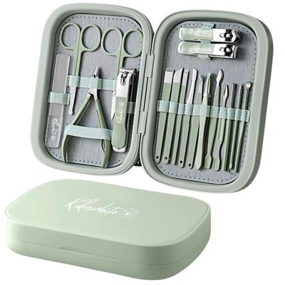 kokawhite, Professional Manicure Sets and Pedicure Kits, 18 Pieces Stainless Steel, Grooming Kits with Leather Travel Case (Green)