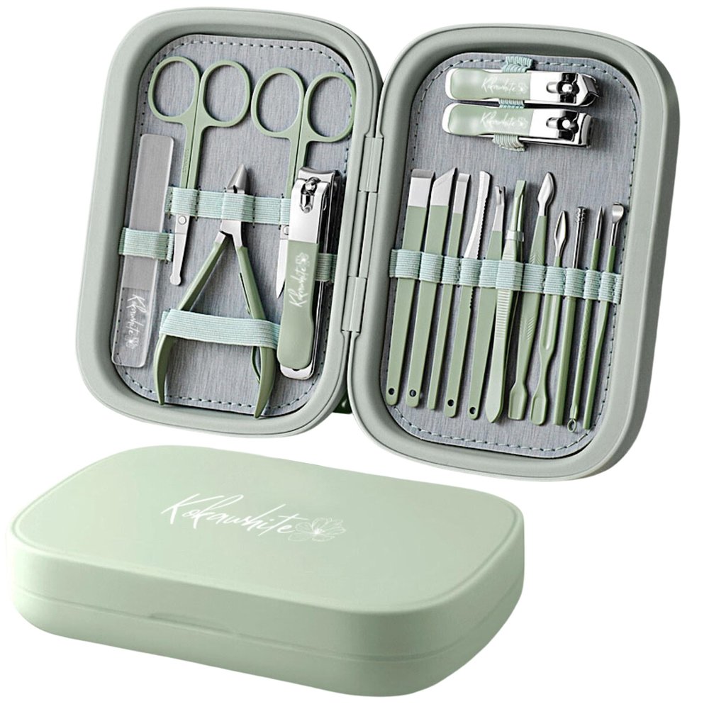 kokawhite, Professional Manicure Sets and Pedicure Kits, 18 Pieces Stainless Steel, Grooming Kits with Leather Travel Case (Green)