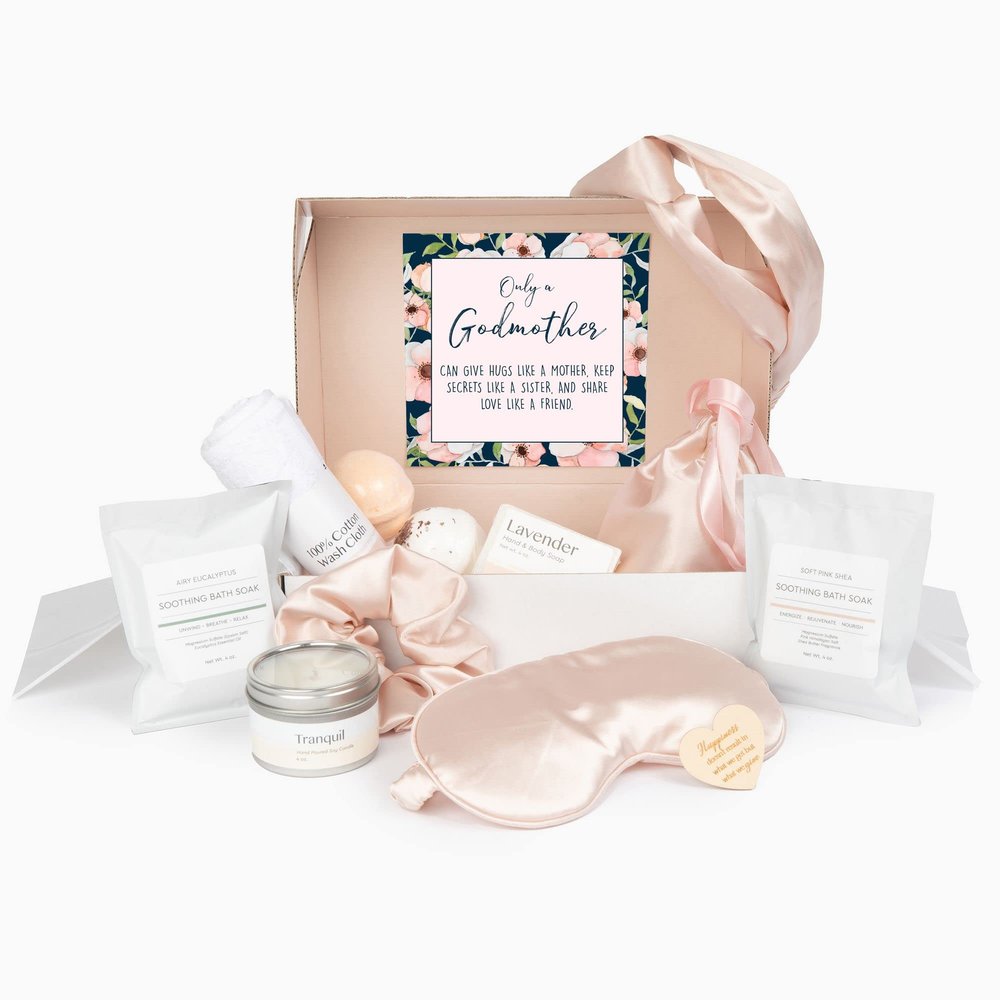 Dear Ava Luxury Spa Gifts for Women | Organic Self Care Anti Stress Relaxing Bath and Body Kit Set Basket Box for Her with Heartfelt Card | Godmother Gift