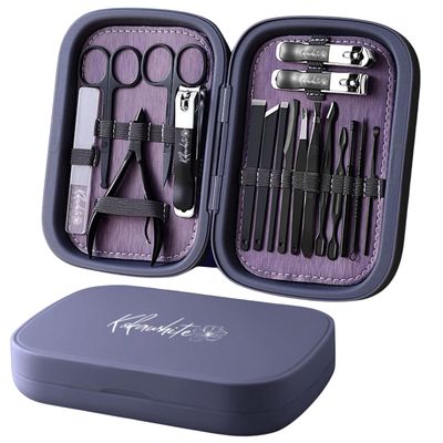 kokawhite, Professional Manicure Sets and Pedicure Kits, 18 Pieces Stainless Steel, Grooming Kits with Leather Travel Case (Purple)