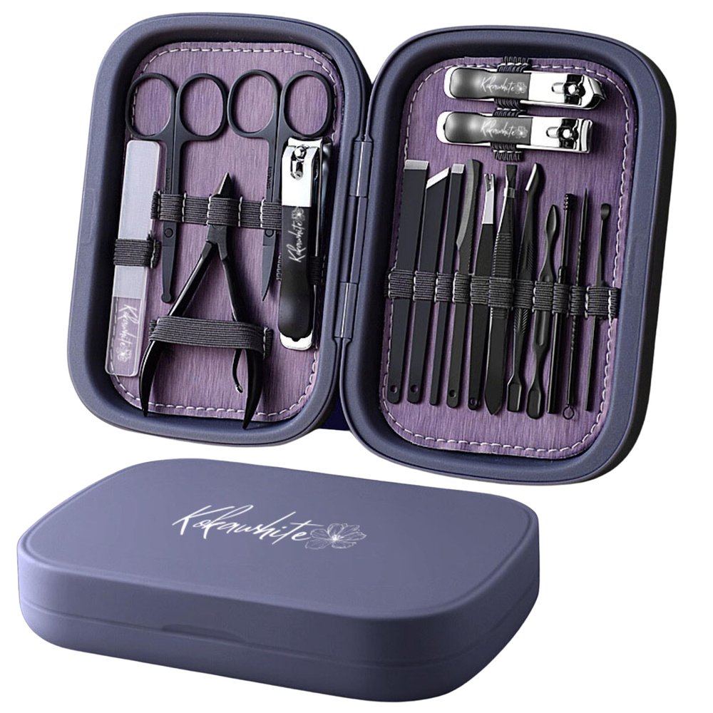 kokawhite, Professional Manicure Sets and Pedicure Kits, 18 Pieces Stainless Steel, Grooming Kits with Leather Travel Case (Purple)