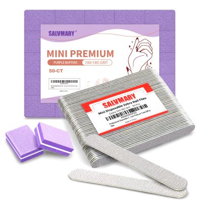 100/180 Grit Disposable Zebra Nail Files and 100/180 Grit Purple Mini Nail Buffer Block Bundle