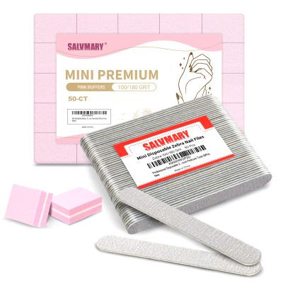 100/180 Grit Small Disposable Zebra Nail Files and 100/180 Grit Pink Mini Nail Buffer Block Bundle