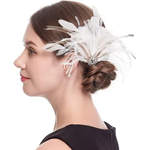 1920s Hair Clip Wedding Bride Flapper Feather Headband Crystal White Headwear Fascinator Hair Accessories Prom Bridal Hair Jewelry Women Girls Black,White