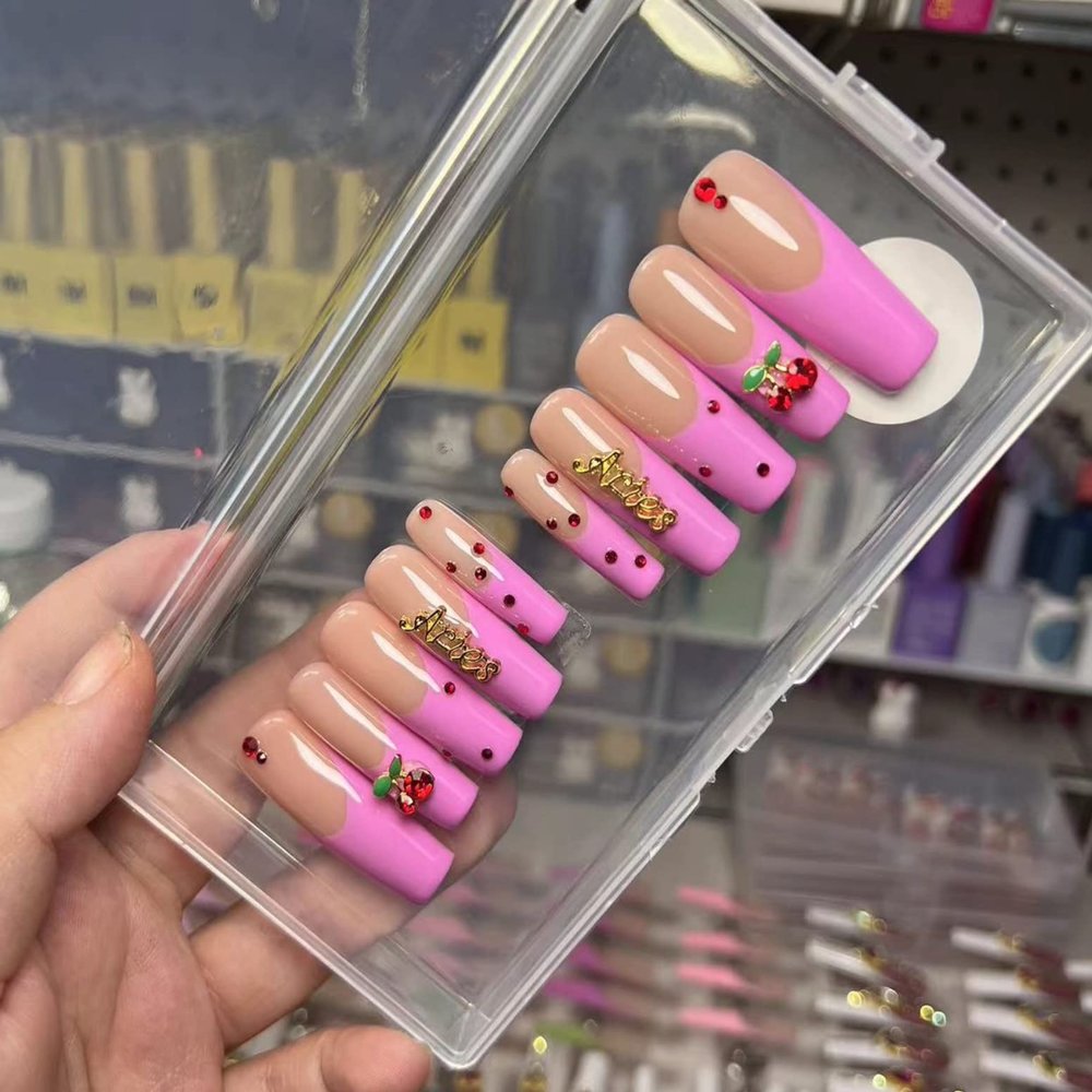 FRUJCDKI Real Gel Handmade Luxury Pink French Cherry Diamond PressOn Nails Gems Coffin Fake Nails With Designs Glossy False Nails for Women and Girls (Pink Cherry-XS)