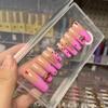 FRUJCDKI Real Gel Handmade Luxury Pink French Cherry Diamond PressOn Nails Gems Coffin Fake Nails With Designs Glossy False Nails for Women and Girls (Pink Cherry-XS) view 4