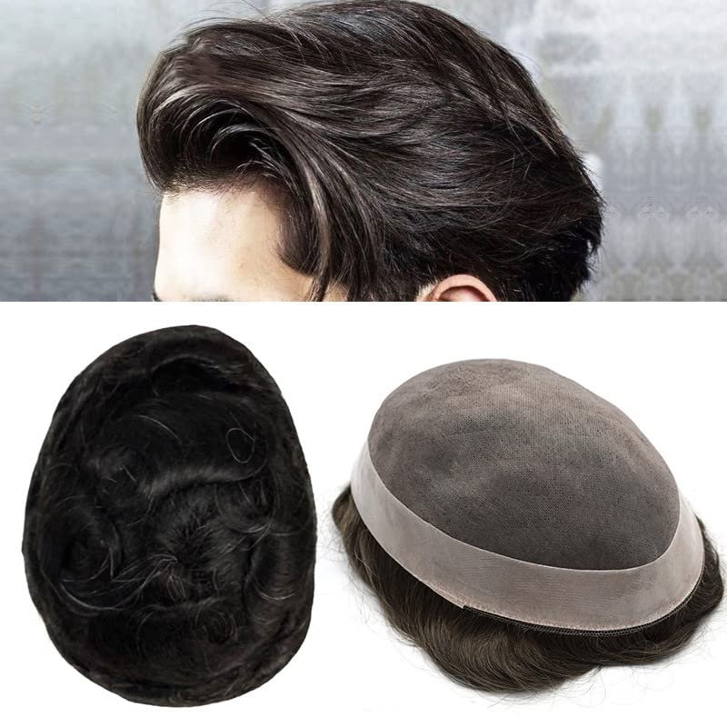 Mens Toupee for Men Fine Mono Human Haire Hairpiece Poly Skin Around Hair System Hairpiece Durable NPU Monofilament Wig Hair Replacement for Men (6''X9'', 1B# Natural Black)