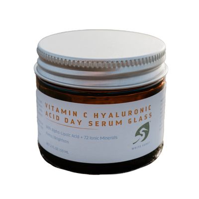 White Egret Hyaluronic Acid with Vitamin C, 72 Ionic Minerals from the Great Salt Lake for Firming, and brightening skin in a glass 2 fl. Oz Jar