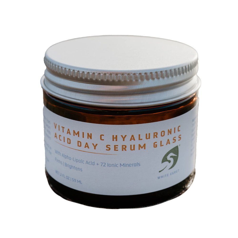 White Egret Hyaluronic Acid with Vitamin C, 72 Ionic Minerals from the Great Salt Lake for Firming, and brightening skin in a glass 2 fl. Oz Jar