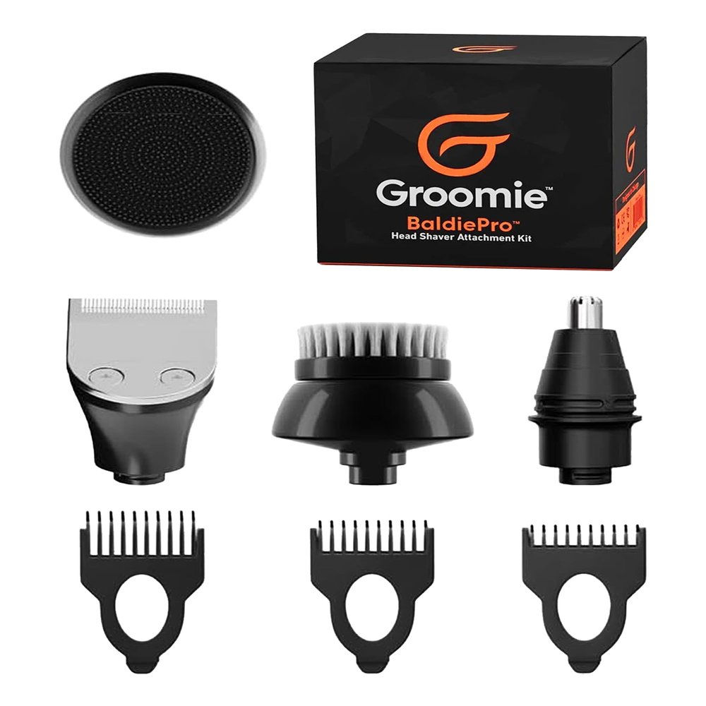 Groomie 7-Piece Men's Hair Clippers & Grooming Kit - Includes Precision Clipper, 3-5-7mm Clipper Guards, Ear & Nose Trimmers, Exfoliation Brush, and Pre-Shave Massager - Perfect for Beginners
