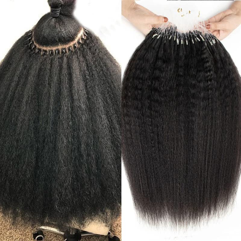 10inch Micro Link Hair Extensions Real Human Hair Kinky Straight 50g 50strands Microlink Human Hair Extension for Black Women Beaded Invisilable Micro Ring Extension Natural Black