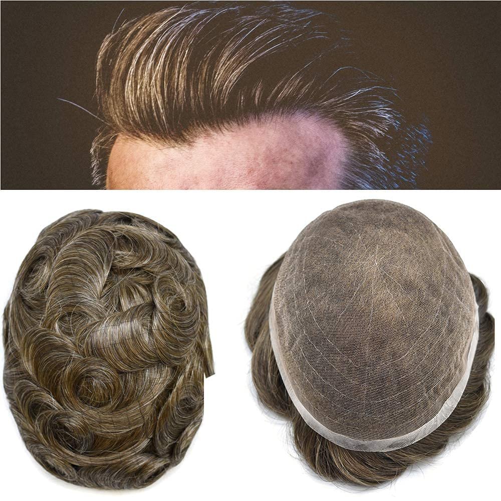 Hair Wonders Full Swiss Lace Toupee for Men Real Human Hair System Lace Front Hair Replacement Systems Mens Toupee Hair Piece Natural Hairline8x10-100% density630# LIGHT BROWN+30% Gray