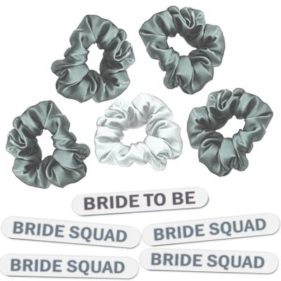 Bachelorette Party Survival Kit Fillers - Set Includes: (1) Silver Bride to Be Nail File, (1) White Satin Scrunchie, (4) Bride Squad Files, & (4) Silver Scrunchies - Favor Set (1Bd,4Sq,1Wht,4Slv) SLV