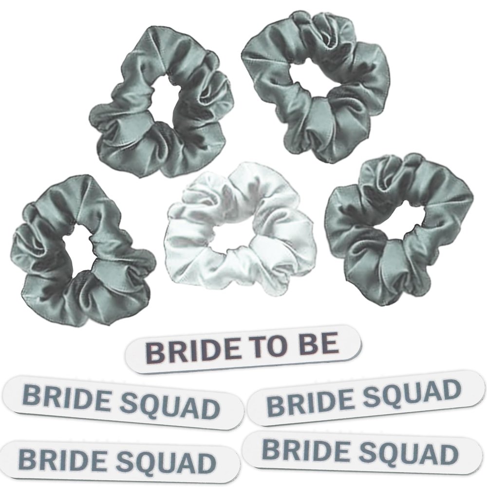 Bachelorette Party Survival Kit Fillers - Set Includes: (1) Silver Bride to Be Nail File, (1) White Satin Scrunchie, (4) Bride Squad Files, & (4) Silver Scrunchies - Favor Set (1Bd,4Sq,1Wht,4Slv) SLV