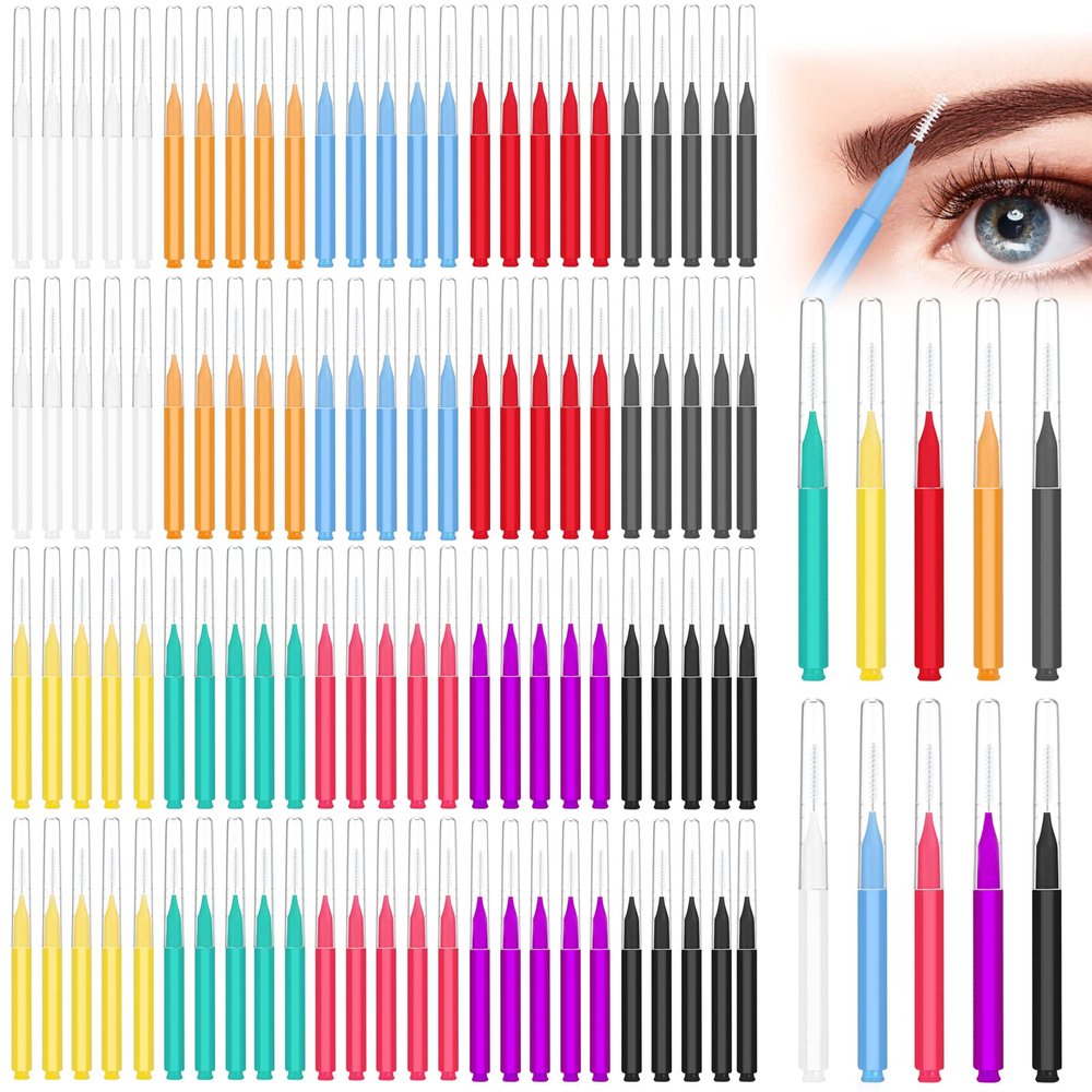 100Pcs Micro Eyebrow Brush, Eyelash Comb Brushes with Cap, Portable Brow Lamination Brush, Multifunctional Brow Brushes for Eyebrows Eyelash Extensions Tool (10Colors)