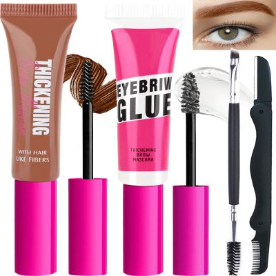 Waterproof Tinted Brow Gel Kit-Rich Auburn Thickening Eyebrow Mascara Gel & Clear Setting Brow Glue,Brow Lift Fast Sculpt,Long Lasting Eye Makeup for Women,Light Medium Dark Brown With Tool-Set04