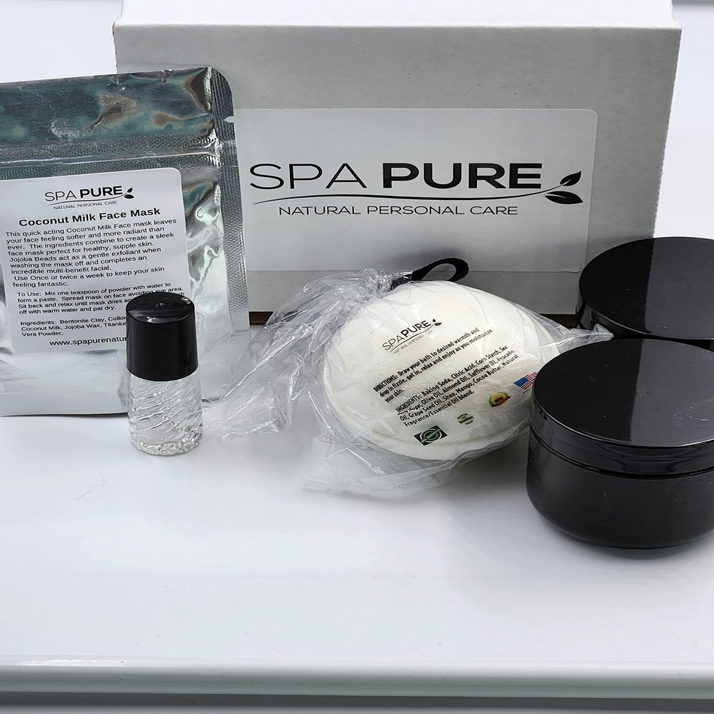 Spa Kit, All-Natural, Gift Box Includes Luxurious Coconut Milk Bubble Bath Melt, Whipped Soap Scrub, Body Butter, Coconut/Clay Facial Mask, Roll On (5 Piece Set) (Crystals Noir, Medium, 5 oz)