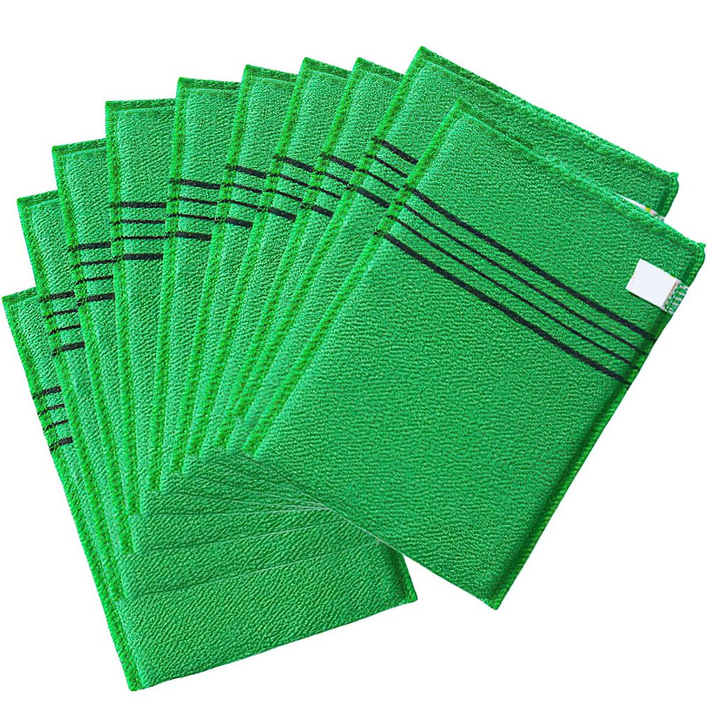 Korean Scrubbing Cloth Mitt Exfoliating Washcloth - 10pcs Body Scrubber and Washcloth Set for Smooth Skin - Natural Mitts for an Exfoliating Shower - Soft and Durable. (Green)