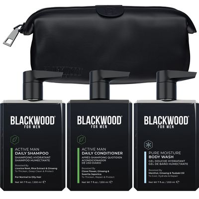 BLACKWOOD FOR MEN Dapper Dad Set including Travel Bag, Active Man Shampoo, Active Man Conditioner, & Pure Moisture Body Wash - Natural Vegan Formula