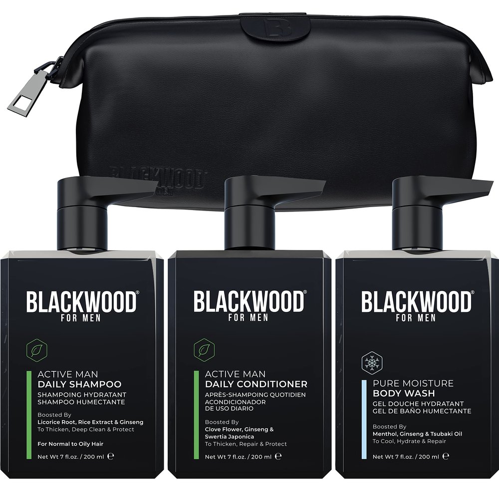 BLACKWOOD FOR MEN Dapper Dad Set including Travel Bag, Active Man Shampoo, Active Man Conditioner, & Pure Moisture Body Wash - Natural Vegan Formula