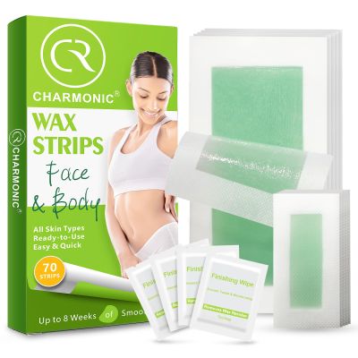 Charmonic Hair Removal Kit for Women, 70 Waxing Strips for Body & Face, At Home Waxing Kit for Eyebrow, Leg, Facial, Bikini Hair Removal, Sensitive Skin Formula with Jojoba Seed Oil