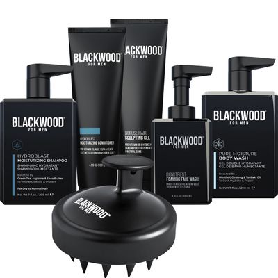 BLACKWOOD FOR MEN Hydro Cleanse Complete Set including Scalp Massager, Hydroblast Shampoo, Hydroblast Conditioner, Pure Moisture Body Wash, & BioFuse Sculpting Gel - Natural Vegan Formula