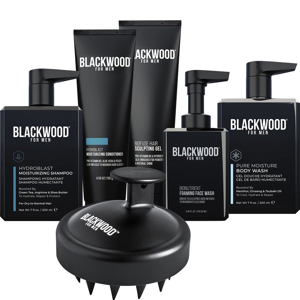 BLACKWOOD FOR MEN Hydro Cleanse Complete Set including Scalp Massager, Hydroblast Shampoo, Hydroblast Conditioner, Pure Moisture Body Wash, & BioFuse Sculpting Gel - Natural Vegan Formula