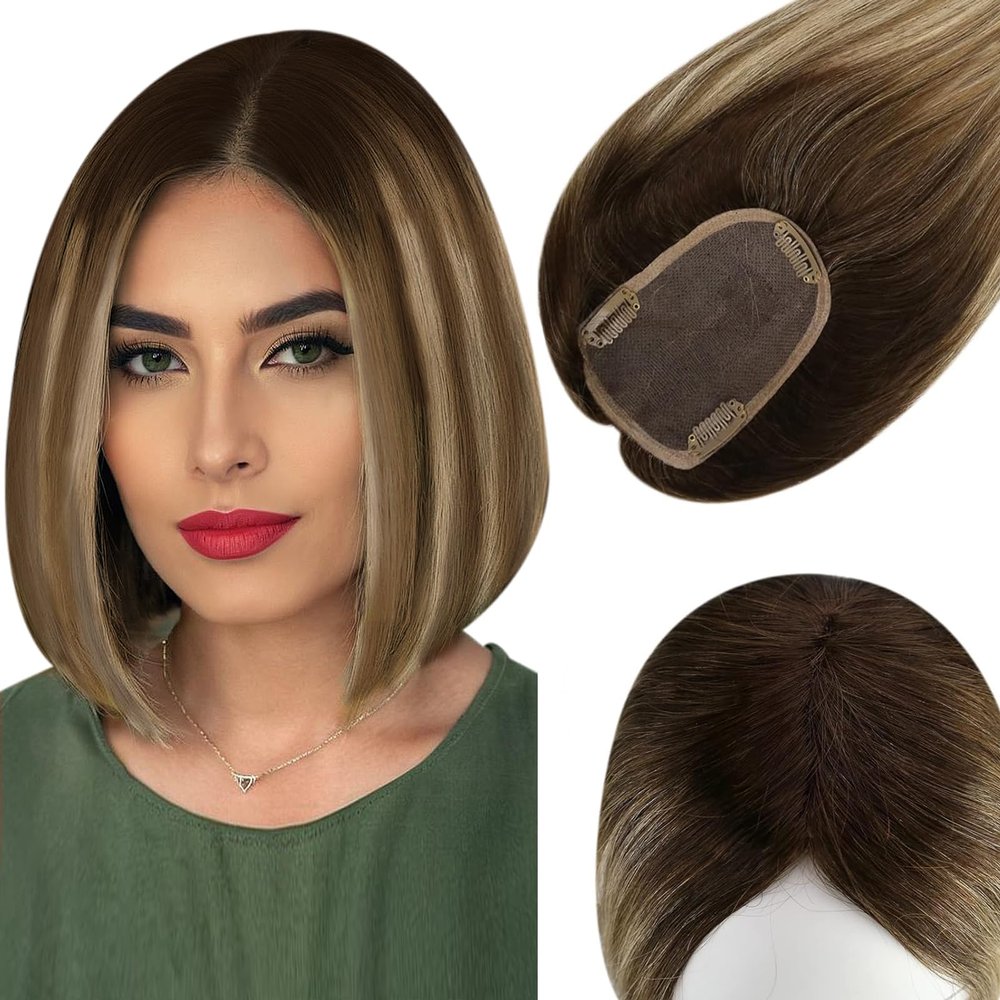 Full Shine Brown Hidden Crown Hair Extensions Fading To Blonde Highlight Top Hair Pieces For Women Hair Loss Silk Base Crown 3 * 5 Inch Topee Real Human Hair Wiglet 12 Inch