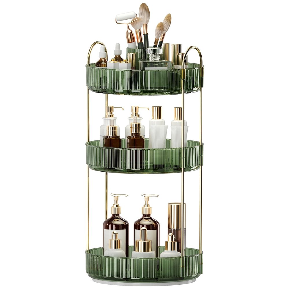 360 Rotating Makeup Organizer, Large-Capacity Skincare Make Up Storage 3 Tier Perfume Organizers Cosmetic Dresser Organizer with Makeup Brush Holder, Fits Bedroom, Bathroom, Vanity Shelf Countertop