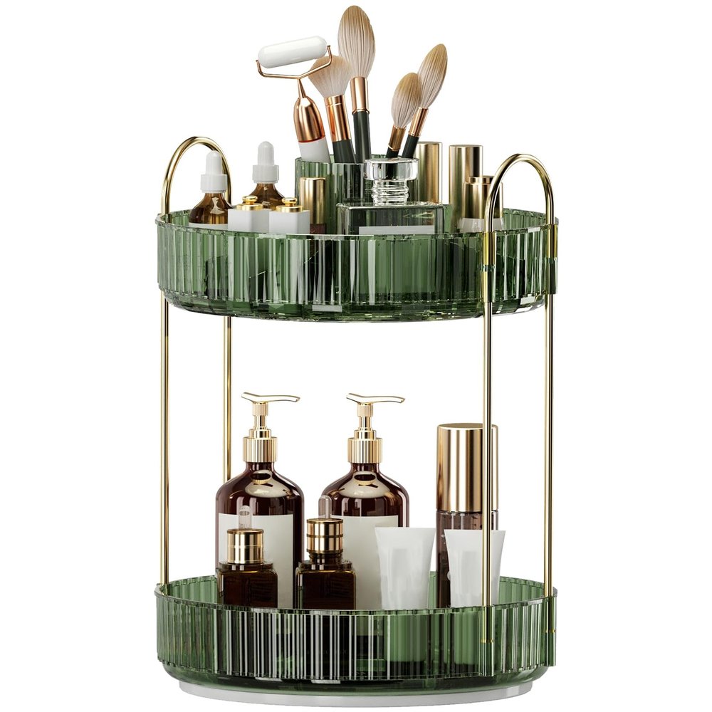360 Rotating Makeup Organizer, Large-Capacity Skincare Make Up Storage 2 Tier Perfume Organizers Cosmetic Dresser Organizer with Makeup Brush Holder, Fits Bedroom, Bathroom, Vanity Shelf Countertop