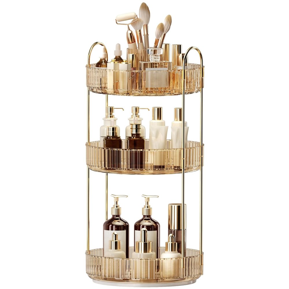 360 Rotating Makeup Organizer, Large-Capacity Skincare Make Up Storage 3 Tier Perfume Organizers Cosmetic Dresser Organizer with Makeup Brush Holder, Fits Bedroom, Bathroom, Vanity Shelf Countertop