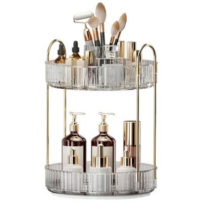 360 Rotating Makeup Organizer, Large-Capacity Skincare Make Up Storage 2 Tier Perfume Organizers Cosmetic Dresser Organizer with Makeup Brush Holder, Fits Bedroom, Bathroom, Vanity Shelf Countertop