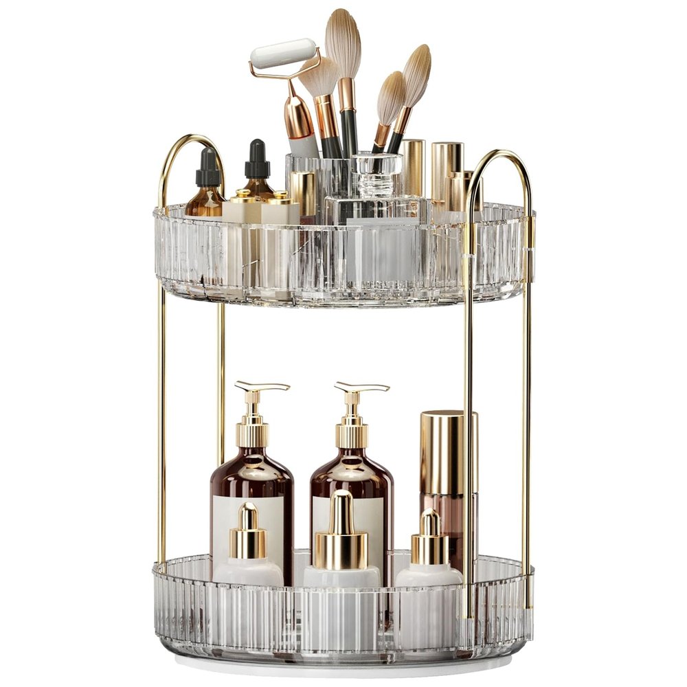 360 Rotating Makeup Organizer, Large-Capacity Skincare Make Up Storage 2 Tier Perfume Organizers Cosmetic Dresser Organizer with Makeup Brush Holder, Fits Bedroom, Bathroom, Vanity Shelf Countertop