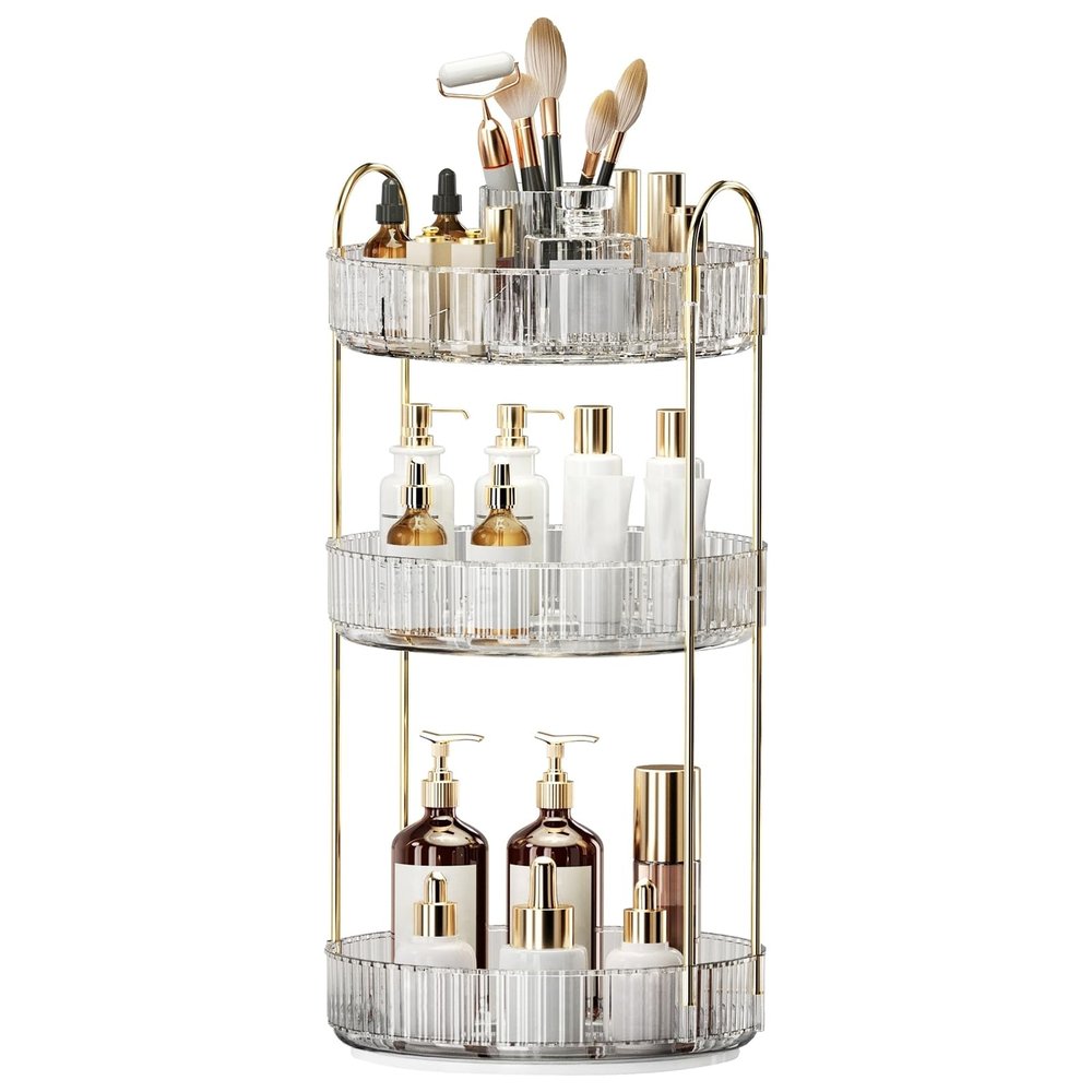 360 Rotating Makeup Organizer, Large-Capacity Skincare Make Up Storage 3 Tier Perfume Organizers Cosmetic Dresser Organizer with Makeup Brush Holder, Fits Bedroom, Bathroom, Vanity Shelf Countertop