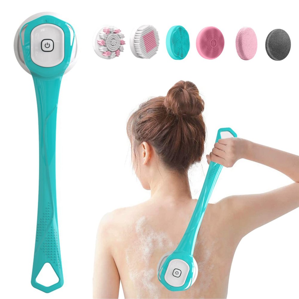 Electric Body Bath Brush, Scrubber Shower Brush Rechargeable Long-Handled Electric Bath Brush with 6 Heads for Cleanse, Massage, Exfoliate and Pamper Your Skin in The Shower (Gemstone Blue)