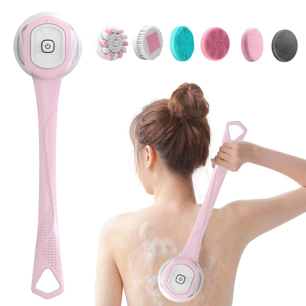 Electric Body Bath Brush, Scrubber Shower Brush Rechargeable Long-Handled Electric Bath Brush with 6 Heads for Cleanse, Massage, Exfoliate and Pamper Your Skin in The Shower (Pink)