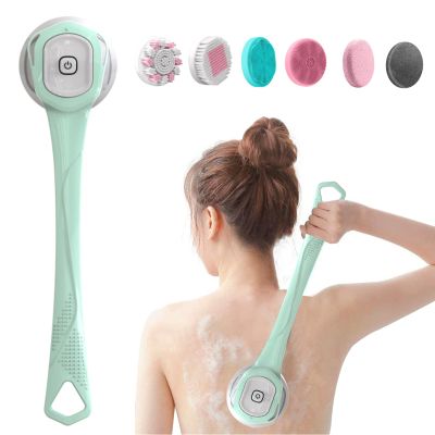 Electric Body Bath Brush, Scrubber Shower Brush Rechargeable Long-Handled Electric Bath Brush with 6 Heads for Cleanse, Massage, Exfoliate and Pamper Your Skin in The Shower (Fresh Green)