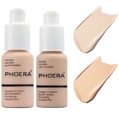 2 Pack PHOERA Foundation, Flawless Soft Matte Liquid Foundation Makeup for Women..PHOERA Foundation101# Porcelain and 102# Nude