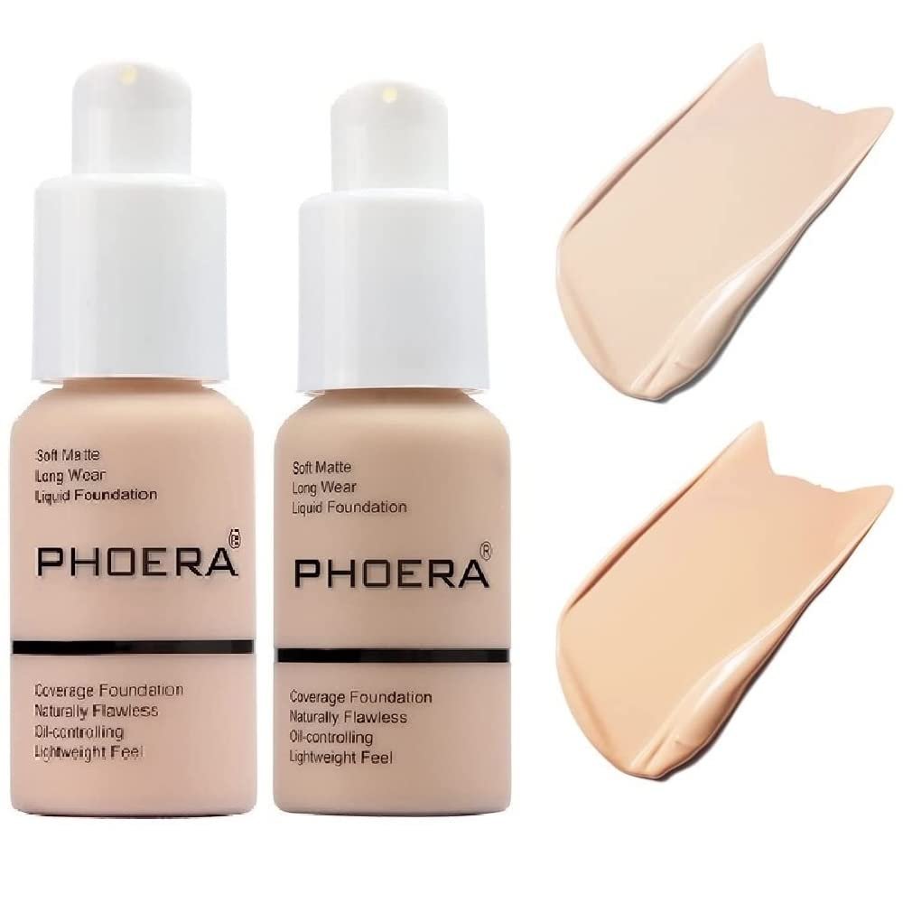 2 Pack PHOERA Foundation, Flawless Soft Matte Liquid Foundation Makeup for Women..PHOERA Foundation101# Porcelain and 102# Nude