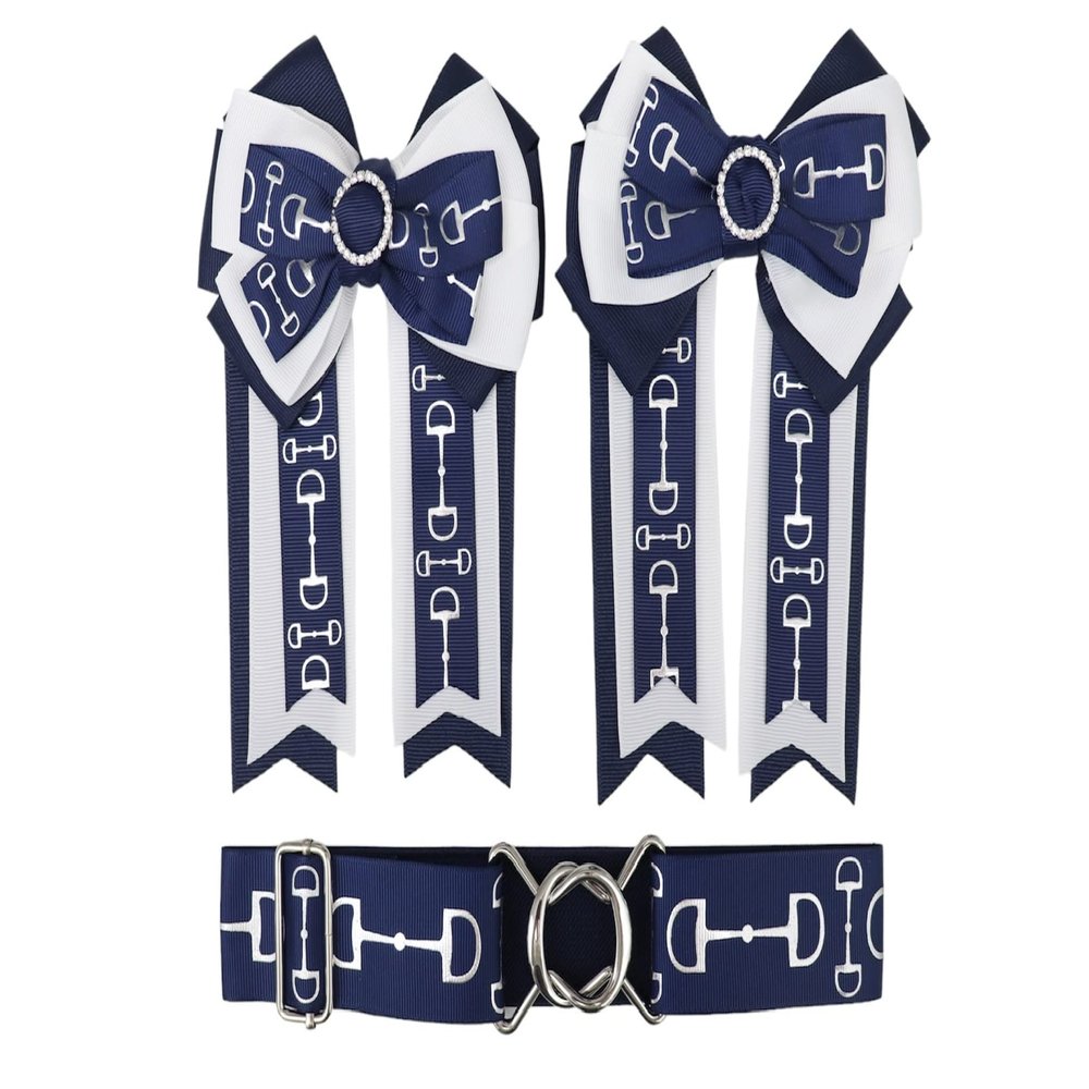 Horse show bows and belt combo. Surcingle belt, ribbon bow. Equestrian gift (Navy Bit)