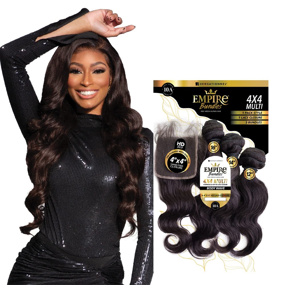Sensationnel Empire Bundles Multi - Body Wave with 4x4 Closure 10a Tangle Shed Free Human Hair for Weaving and Sew in Styles (10 12 14 Inch, NATURAL/BLACK)