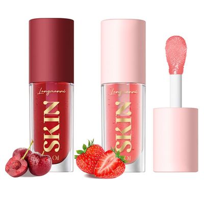 2Pack Big Brush Head Hydrating Lip Glow Oil Plumping Lip Tint, Hydrating Lip Gloss Tinted Lip Balm Transparent Lip Care, Long Lasting Nourishing Non-sticky Fresh Texture (Strawberry + Cherry)