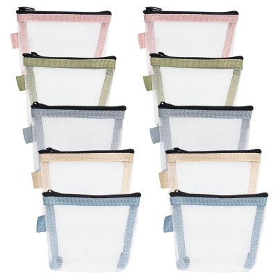 10 Mini Mesh Pouch, Clear Zipper Pouch, Cosmetic Case - Small Item Organizer with Key Kit (5 Colors)