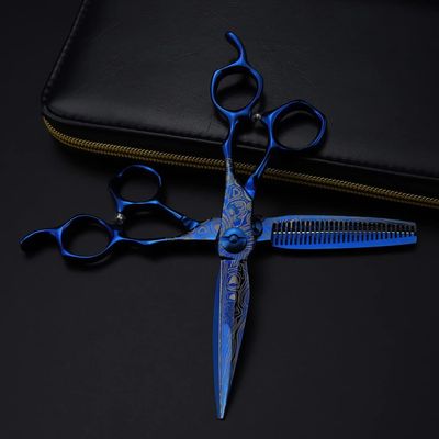 Hair Cutting Scissors, 6inch Professional Upscale scissor Blue Damascus hair scissors cutting barber tools haircut thinning shears hairdresser scissors set (Color : Set)