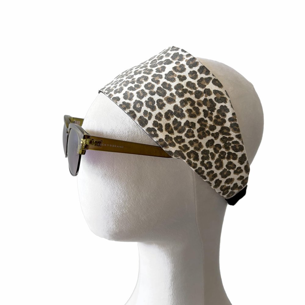 Leopard Print Wide Headband with Elastic, Beige, Black, Brown, Handmade, 3" Wide