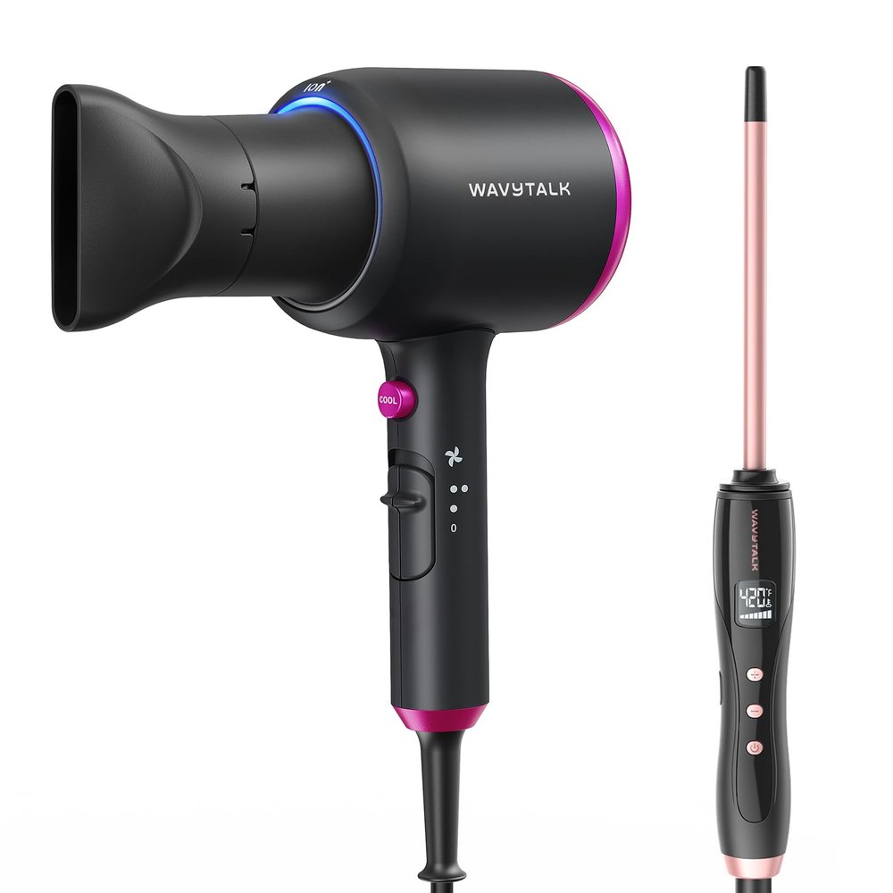 Wavytalk Hair Dryer with Diffuser, 1875W Ionic Blow Dryer for Women - 3 Attachments, Small Curling Wand for Short & Long Hair
