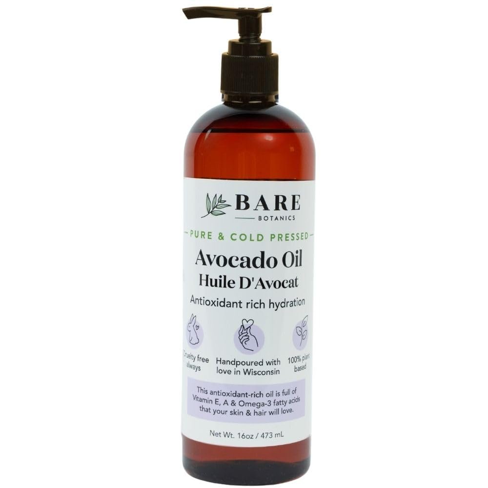 BARE BOTANICS 100% Pure Avocado Body Oil 16 oz - Cold Pressed & Natural for All Over Moisturization - Multipurpose Carrier Oil for DIY - Hydrate Dry Skin, Hair & Body - Vegan & Cruelty Free Beauty